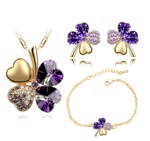 Smykkesæt - firkløver med halskæde, øreringe og armbånd, lilla - guld